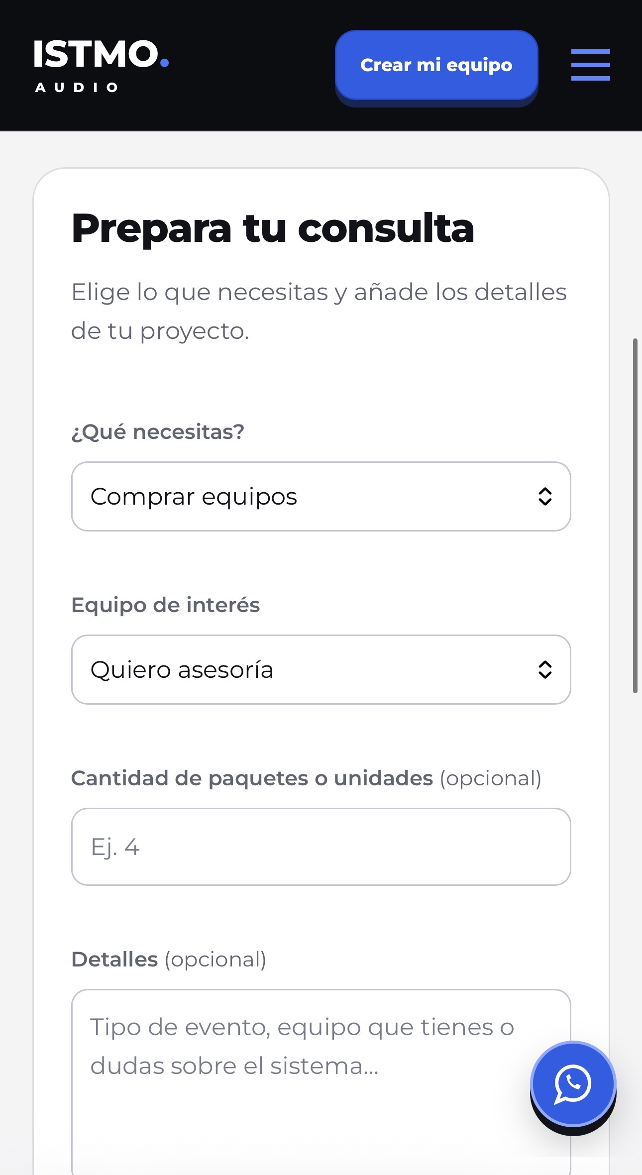 Formulario móvil para preparar una consulta en Istmo Audio