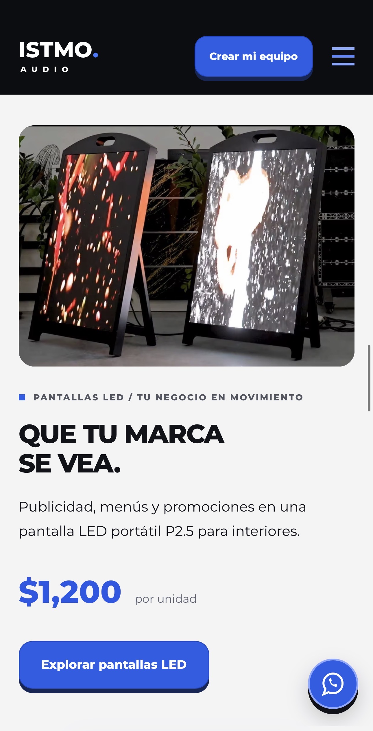 Vista móvil de un producto y su precio en la web de Istmo Audio